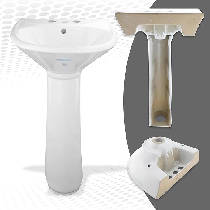 Small Bathroom Pedestal Sink White With Overflow Centerset Faucet Holes Grade A Vitreous China 33 Inch Tall x 16 Inch Wide x 14 Inch Projection Space Saving Ondine Design Renovator's Supply
