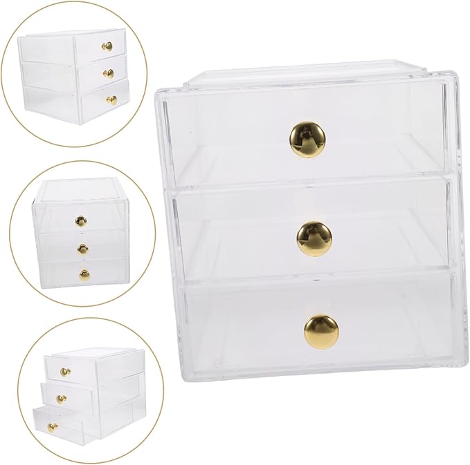 3-Layer Stackable Drawer Organizer Storage Box Gold Handles Acrylic Makeup and Jewelry Display Case for Desktop Bathroom and Vanity