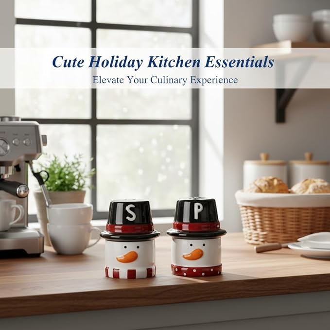 Young’s Inc Ceramic Christmas Marshmallow Snowman Salt & Pepper Set – Cute Red & Black Holiday Tabletop Shakers, 3.35" Small Size for Christmas Dining & Winter Kitchen Decor