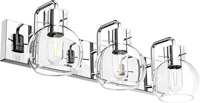 Tipace Modern Bathroom Vanity Lighting Fixtures 3-Lights Industrial Stainless Steel Chrome Finish with Globe Clear Glass Vanity Lights Farmhouse Bath Lighting(Exclude Bulb)