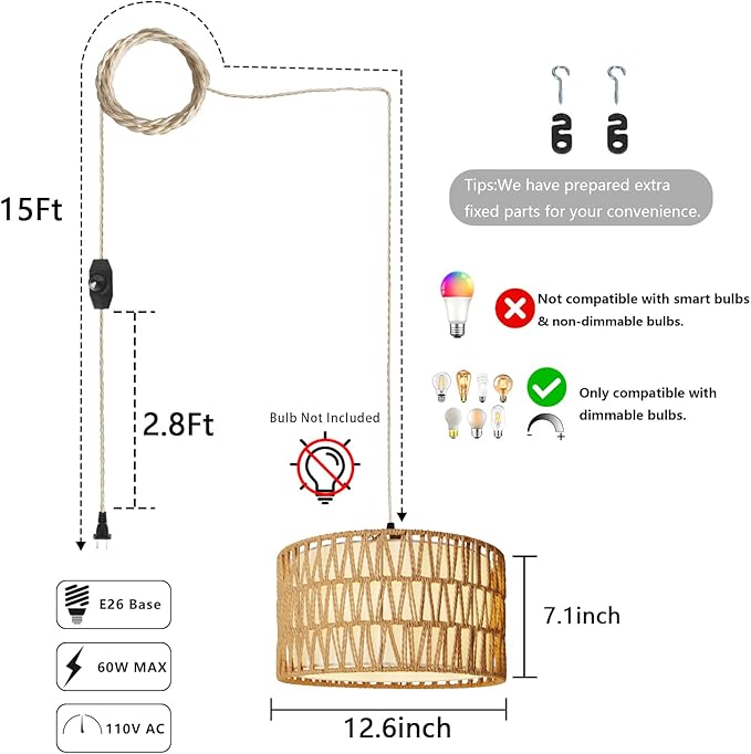 HuisMier Plug in Pendant Light Rattan Hanging Lamp 15 Ft Boho Hanging Lights with Rattan Woven & Fabric 2 in 1 Shade, Dimmable Plug in Pendant Light for Living Room Bedroom Dining Room
