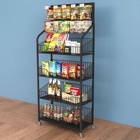 Retail Snack Display Stand, 4-Tier Retail Display Shelves, Candy Display Shelf Cart with Wheels & Hooks, Metal Snack Rack Organizer for Pantry, Kitchen, Supermarket, Store, Home