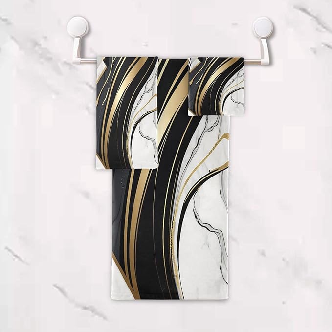 Black and White Modern Bath Towels Set,Ultra Soft 3 Piece Golden Marble Texture Towels for Bathroom,1 Bath Towel 1 Hand Towel 1 Washcloth,Absorbent Quick Dry Decoractive Guest Bathroom Towels