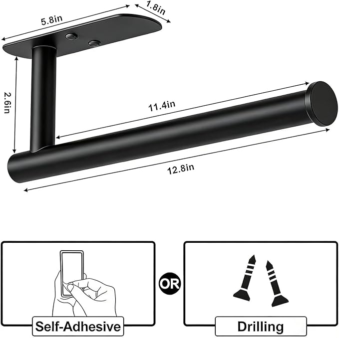 HUFEEOH Adhesive Paper Towel Holder Under Cabinet Wall Mount for Kitchen Paper Towel, Stainless Steel Paper Towel Roll Rack for Bathroom Towel (13inch, Black)