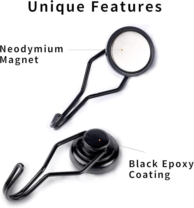 E BAVITE Swivel Swing Black Magnetic Hooks, 80lbs Heavy Duty Neodymium Magnet Hook with Black Epoxy Coating for Refrigerator, Cruise, BBQ Grill Tools etc, 2.66in in Length, Pack of 8