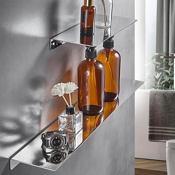 12Inch Stainless Steel Wall Mounted Floating Shelf Drilling or Shelf Adhesive Modern Room Decor Wall Shelf Floating Shelf for Bathroom Bedroom Decor