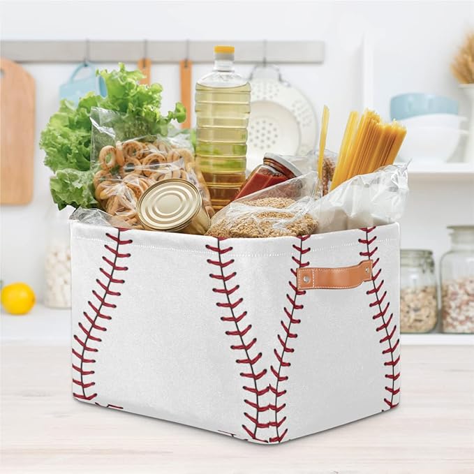 Pardick 2Pack Sports Baseball Print Large Collapsible Storage Bins,Sports Basket Decorative Canvas Fabric Storage Boxes with Handles,Rectangular Shelves Baskets Box for Home Office Nursery Closet