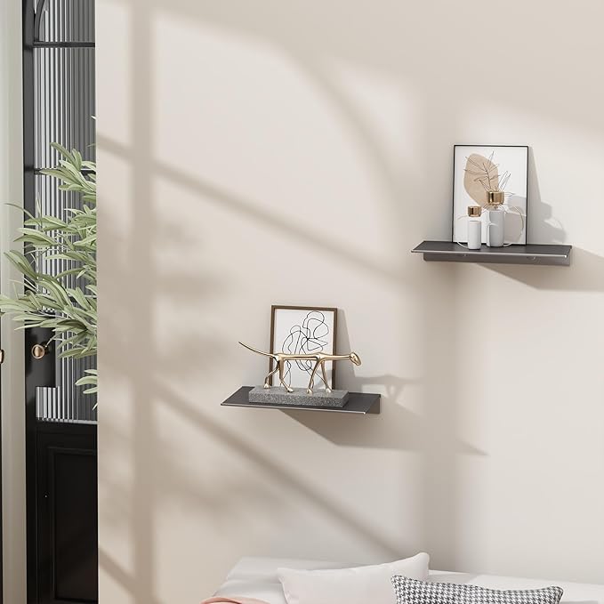 Danpoo Grey Floating Shelves for Wall Storage, Metal Wall Shelves for Living Room, Bathroom, Kitchen, Small Display Shelves for Collectibles, 8”(2 PCS)