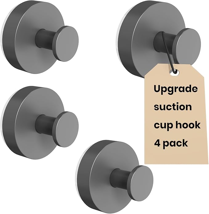 Vacuum Suction Cup Hooks for Shower 4 Pack, Heavy Duty Aluminum Alloy Towel Hooks for Bathroom Kitchen Glass Tile Wall No Drill Removable Robe Loofah Coat Suction Hooks Hanging-Space Grey