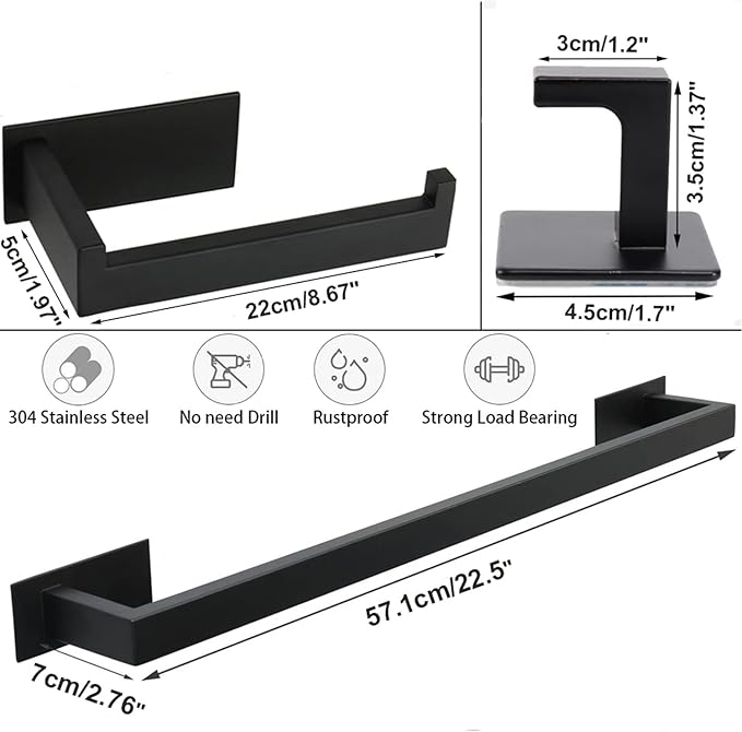 5 Pieces Self Adhesive Bathroom Hardware Set-SUS304 Stainless Steel-Towel Rack Set Include 24″Towel Bar+Toilet Paper Holder+3 Towel/Robe Hooks Bathroom Accessory Towel Bar Set (Black, 24 in)