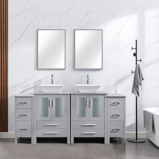 eclife 72" Modern Bathroom Vanity Sink Combo Freestanding Cabinet with Small Side Cabinet, White Square Ceramic Vessel Sink, Water Save Faucet, Drain (Gray+A07)