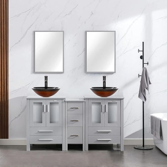 eclife 60" Modern Bathroom Vanity Sink Combo Freestanding Cabinet with Small Side Cabinet, Brown Square Glass Vessel Sink, Water Save Faucet, Drain (Gray+A48)