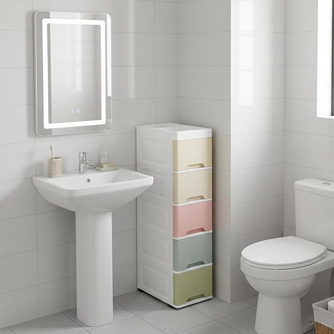 5-Tier Slim Bathroom Storage Cabinet with Wheels, Narrow Plastic Drawer Organizer Cart, Colorful Storage Cart for Bathroom, Kitchen, Laundry Small Spaces 7.09"x14.96"x32.68"