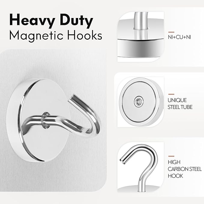 Neosmuk Magnetic Hooks, Heavy Duty 170lb Strong Magnets for Cruise Cabins, Ship Essentials, Large Metal Hooks for Hanging on Fridge(Silver,Pack of 4)