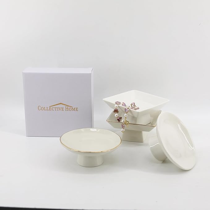 COLLECTIVE HOME - Ceramic Jewelry Tray, Decorative Geometric Jewelry Dish, Luxurious Trinket Tray with High Base, Birthday Mother's Day for Women (Round Glossy Gold)