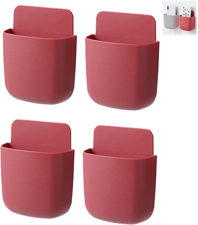 4-Pack Adhesive Wall Organizer, Multipurpose Stick-on Storage Box for Remote Phone Pen Keys, for Kitchen Bathroom Office (4 Colors) (Red)