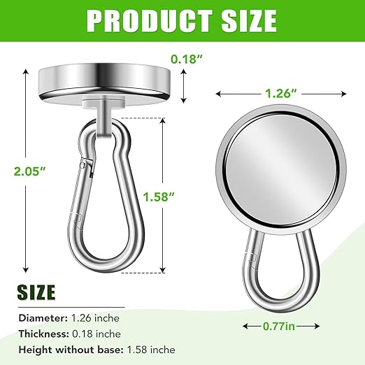 E BAVITE Magnetic Hooks,100LBS Strong Heavy Duty Neodymium Magnet Hooks with Swivel Carabiner Hook,Great for Your Kitchen,Refrigerator and Other Magnetic Surfaces(4 Pack), Silvery