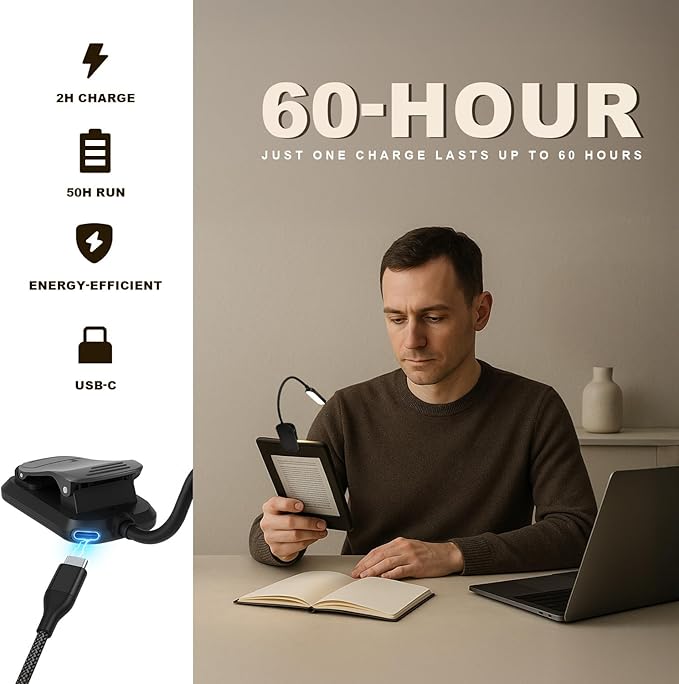 Rechargeable 20 LED Book Lights for Reading at Night - Energy Saving with Extended 60Hrs Runtime, 15-Level Stepless Dimming, Flexible Lightweight Clip on Light for Studying, Travel, Black