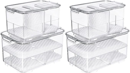 SANNO Fridge Produce Saver Storage Vegetable Fruit Containers Food Produce Saver Container Stackable Refrigerator Organizer Bins Fresh Keeper Drawers Organizer, Set of 4