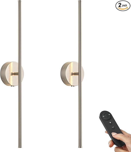 Battery Operated Wall Sconces with Remote Control, Dimmable Wall Sconces Set of Two, 350°Rotate, 3000K LED Nickel Wireless Wall Light for Living Room, Bedroom, Hallway, 32.2 Inch (2 Pack)