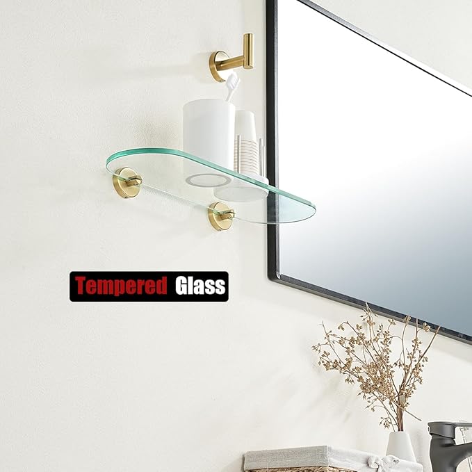 JQK Bathroom Glass Shelf Gold, Tempered Glass Shower Storage 16 by 5 inches, 304 Stainless Steel Brushed Gold Wall Mount, TGS121L16-BG