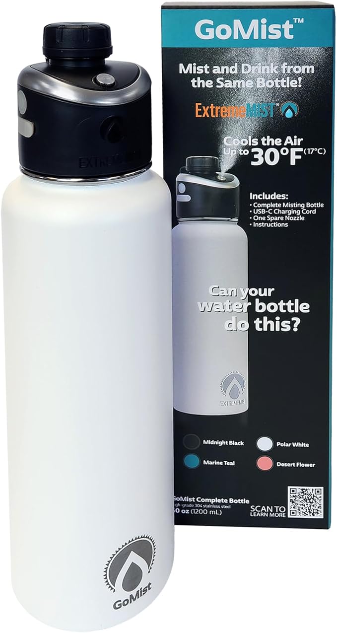 GoMist Misting & Drinking Bottle — Rechargeable Mist & Sip Water Bottle — Quick Charge USB-C Port — 2-Speed Mist Function — Stainless-Steel Double Wall Insulation, 40 oz (Polar White)