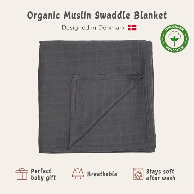 Baby Swaddle – Organic Cotton Muslin Baby Swaddles for Newborns 47” x 47” (Soft Grey)