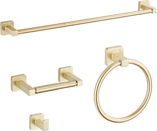 Brusehd Light Gold Bathroom Hardware Set 4 Pieces,Bathroom Accessories Set Stainless Steel Wall Mounted, Hand Towel Bar, Towel Ring, Robe Towel Hooks,Toilet Paper Holder,Towel Bar Set, 23.6 Inch…