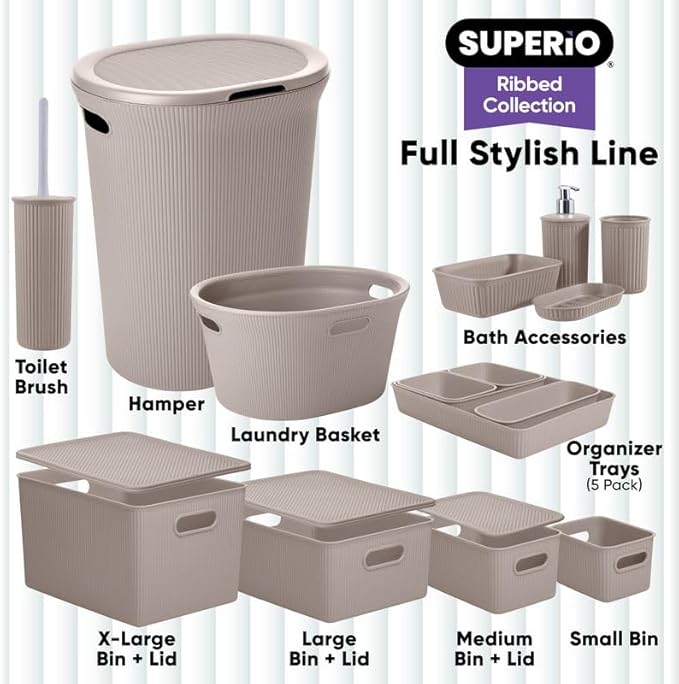 Decorative Plastic Basket Open Home Storage Bins Organizer, X-Large Taupe (2 Pack) Container Boxes for Organizing Closet Storage Bins for Shelves Drawer Shelf - Ribbed Collection 22 Liter/23 Quart