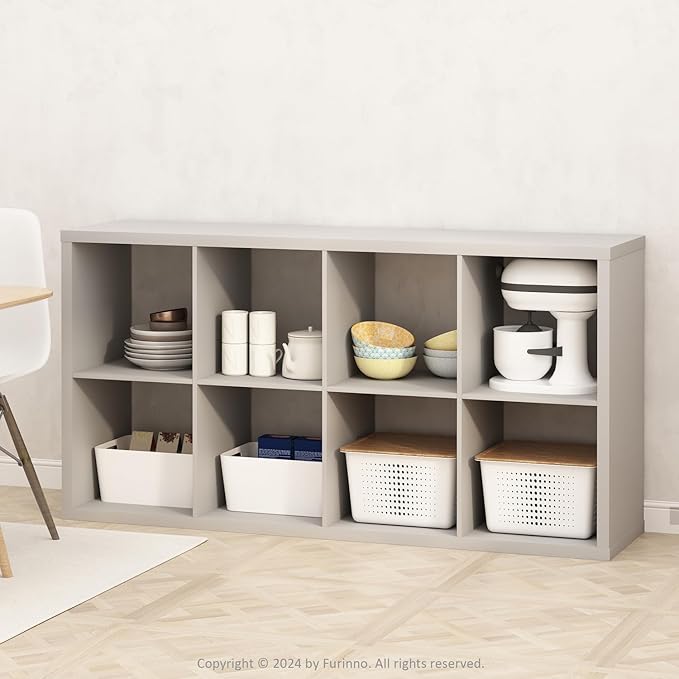 Furinno Hermite 8-Cube Open Shelves Kitchen Storage, Kitchen Island, Bakers Rack, Buffet Sideboard, Light Grey