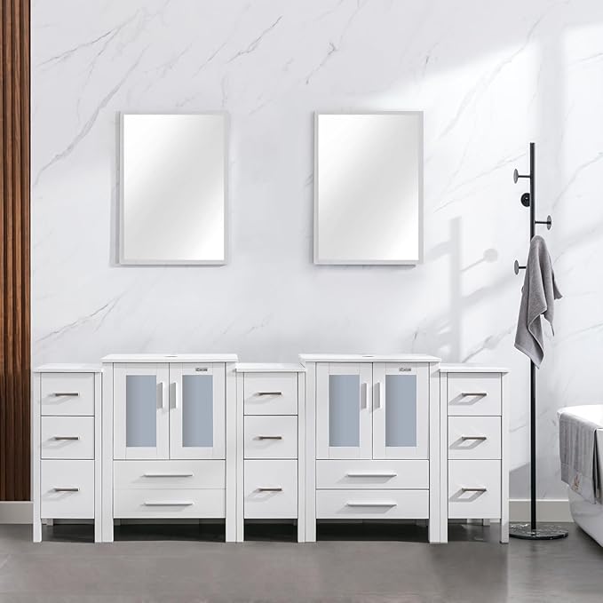 eclife 84" Modern Bathroom Vanity Sink Combo Freestanding Cabinet with Small Side Cabinet, Without Vessel Sink, Faucet, Drain (White Vanity Only)