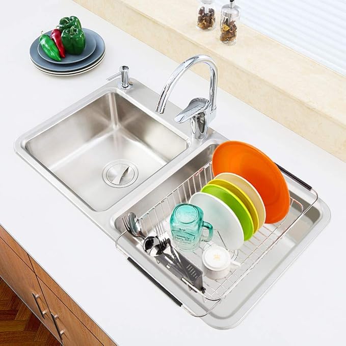 SANNO Expandable Pull Out Kitchen Cabinet Organizers and Storage, Cabinet Sliding Shelf Under Sink Shelf, Dish Drying Rack with Stainless Steel Utensil Holder Large Dish Rack Drainer