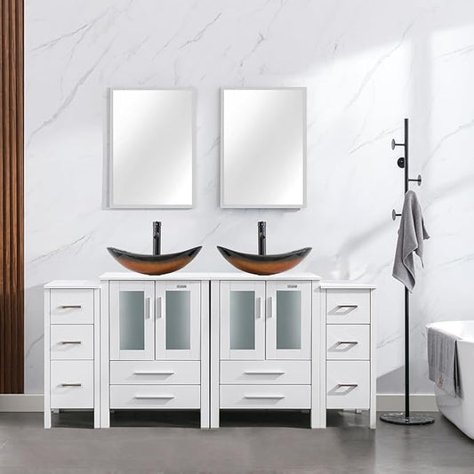 eclife 72" Modern Bathroom Vanity Sink Combo Freestanding Cabinet with Small Side Cabinet, Brown Boat Glass Vessel Sink, Water Save Faucet, Drain (White+A29BR)
