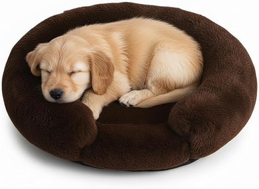 Fluffy Dog Bed Calming Donut Beds for Large Dogs Warming Round Small Medium Pet Nest Cozy Cat Mattress Indoor Washable Puppy Kennel Kittens Sleep Mat (S, 23.6×23.6 inch, Brown)