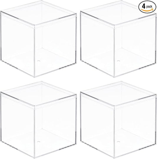 MECCANIXITY Clear Acrylic Plastic Storage Box Square Cube Display Case with Lid, 9.5x9.5x9.5cm Container Box for Small Item, Pack of 4