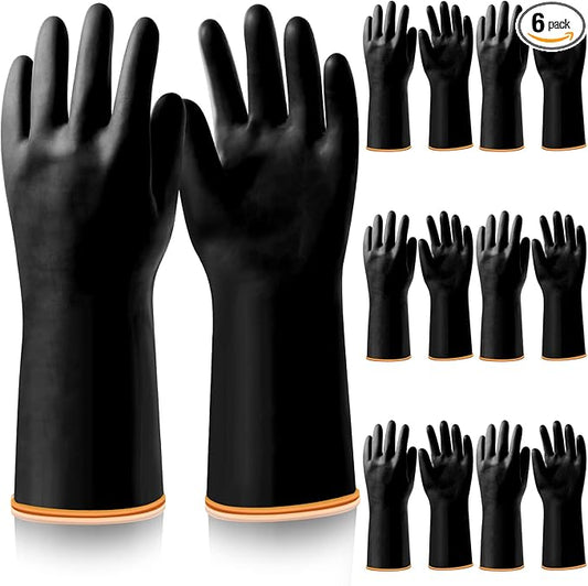 6 Pairs Chemical Resistant Gloves Heavy Duty Industrial Rubber Cleaning Black Protective Safety Work Waterproof Reusable Gloves for Car Home Lab, 14 Inches Large