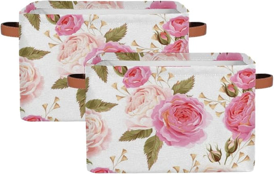 Pardick 2Pack Floral Flower Rose Large Collapsible Storage Bins,Pink Roses Decorative Canvas Fabric Storage Boxes Organizer with Handles，Rectangular Shelves Baskets Box for Home Office Nursery Closet