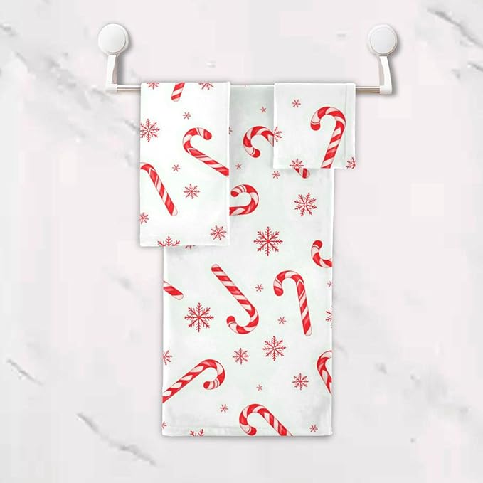 Christmas Winter Towels Set of 3 Red Candy Cane Snowflakes Bathroom Towel Soft Absorbent Bath Hand Towels Washcloth Guest Towel Sets Xmas Holiday Decor