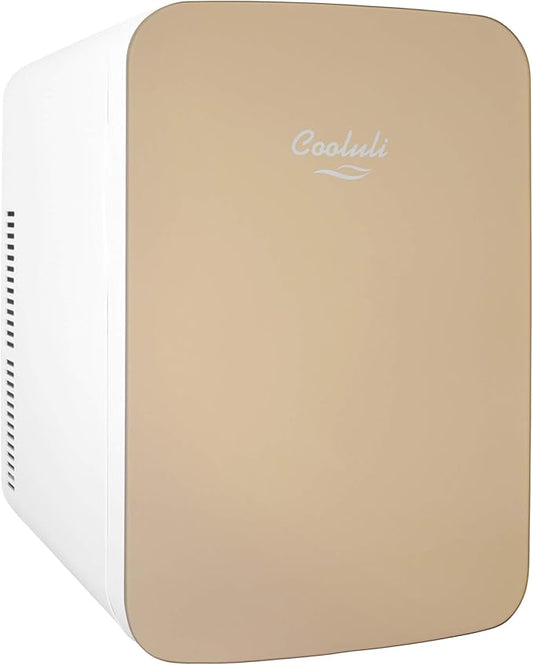 Cooluli 15L Mini Fridge for Bedroom - Car, Office Desk & College Dorm Room - 12v Portable Cooler & Warmer for Food, Drinks, Skincare, Beauty & Makeup - AC/DC Small Refrigerator with Glass Front, Gold