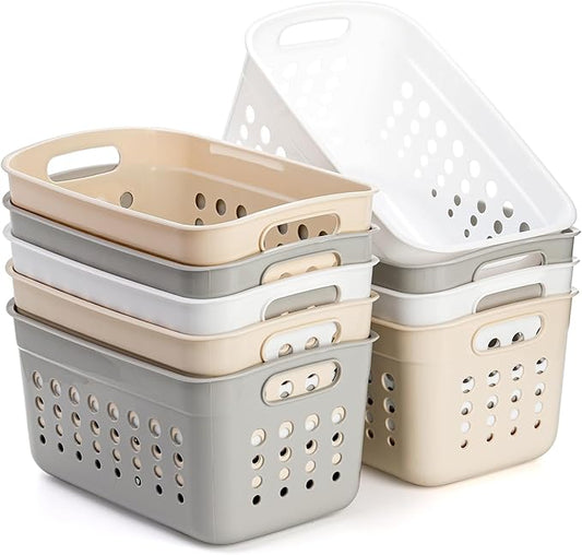 DEAYOU 9 Pack Plastic Storage Basket, Small Pantry Organizer Basket Bins, Rectangular Storage Tray Baskets Container with Handle for Shelf, Bathroom, Household, Desktop (Beige, White, Gray)