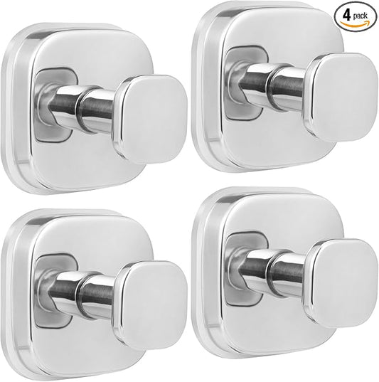 Suction Cup Hooks for Shower - Reusable No-Drill Mounting - Hooks for Towels, Robes & Loofah on Metal, Glass, Mirrors, Tile & Smooth Non-Porous Surfaces (4, Chrome Polished)