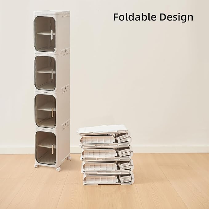 4-Tier Narrow Storage Cabinet with Magnetic Doors and Shelves, Plastic Slim Bathroom Organizers and Storage with Wheels for Small Spaces Bathroom, Kitchen, White