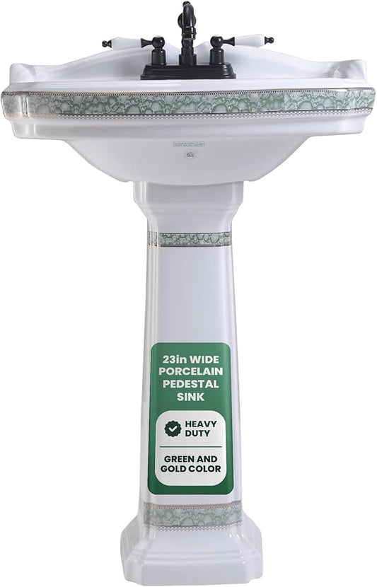 Renovators Supply Manufacturing 23" White Pedestal Bathroom Sink Heavy Duty Porcelain, Green and Gold Decorative Accents, 4" Centerset Faucet Holes, High Backsplash and Overflow