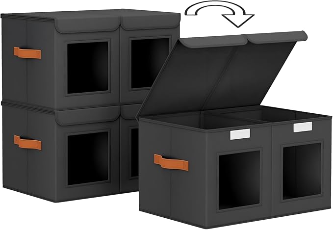 Large Closet Storage Bins - Collapsible Divided Clothes Organizer with Lids & Dual Window, Fabric Organizing Bins for Clothes, Sweater, Bedroom, Office (Black, 2 Pack)