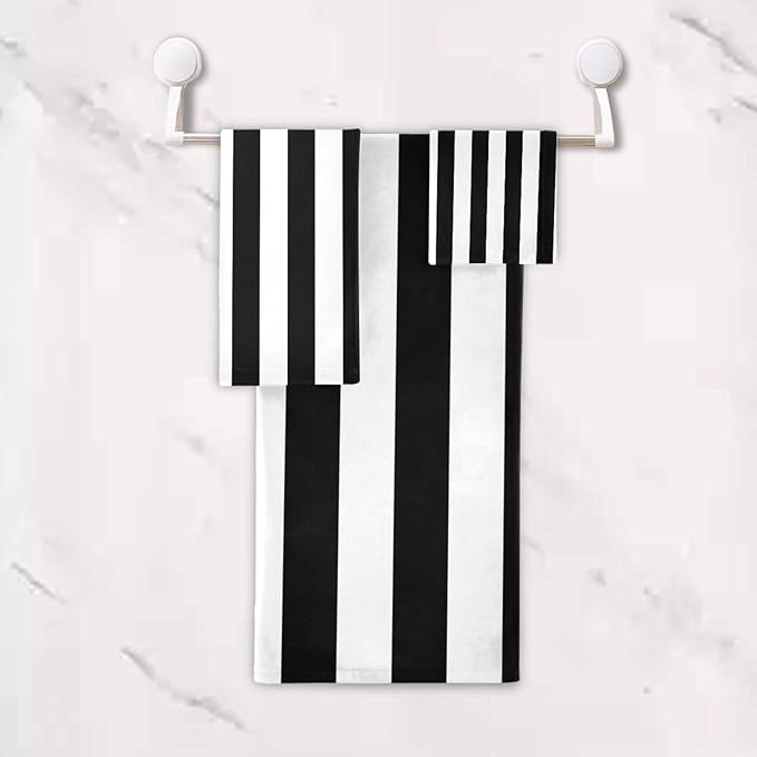 White Black Striped Bath Towels Set, 3-Piece Modern Fashion Set (1 Bath, 1 Hand, 1 Washcloth), Absorbent Microfiber Decorative Bathroom Towels for Fingertip, Hair, Face