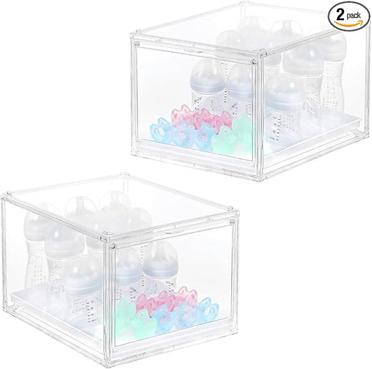 YESGIRL 2 Packs Clear Baby Bottle Organizer,Clear Stackable Acrylic Storage With Drawer for Countertop Cabine Storage Station Case Box Container for Nipples Pump Parts Food Jars