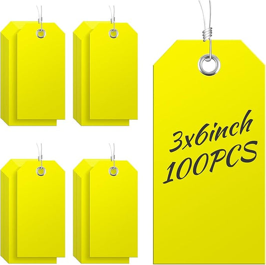 100 Large Yellow Plastic Shipping Tags - 3x6 inch, Heavy Duty, Waterproof, Writable, With String Attached