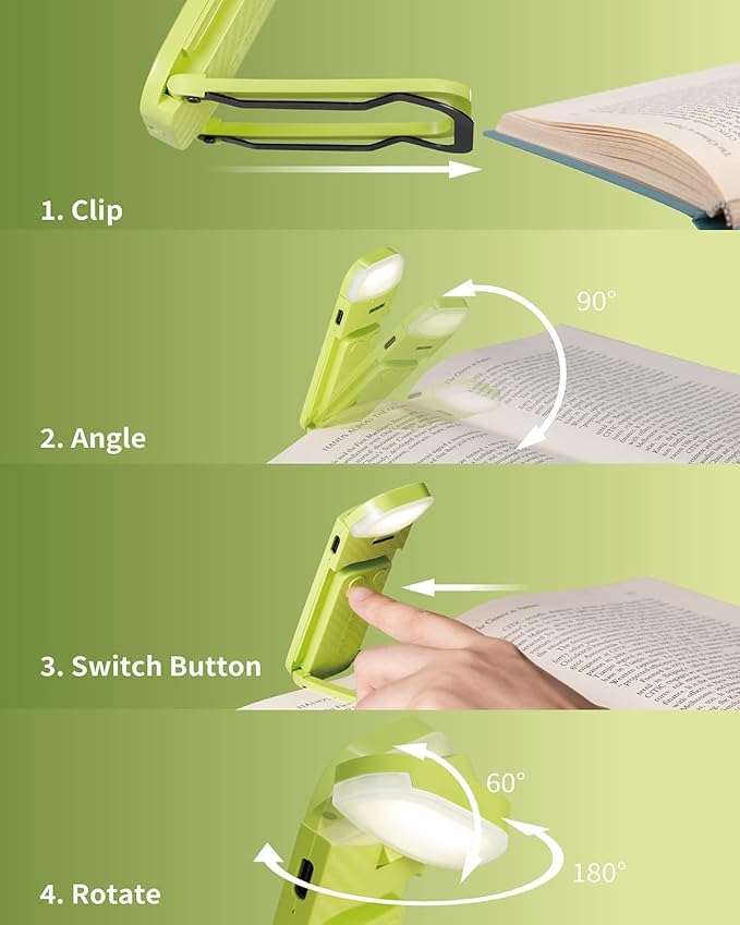 Book Reading Light, Rechargeable Clip on Booklight, Eye Caring 3 Color Temperatures & 5 Brightness Levels, Night Use for Bed, Long Lasting, Reading at Night in Bed, Apple Green