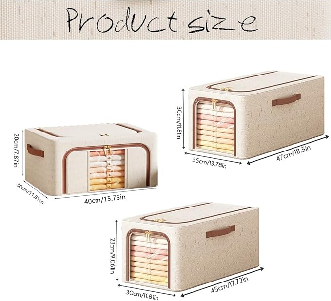 RZJZGZ 3 Pack 49L Clothes Storage Bins with Metal Frame, Foldable Linen Storage Boxes with Lids, Linen Fabric Storage Box with Lid Clear Window（Beige） (Three sizes)