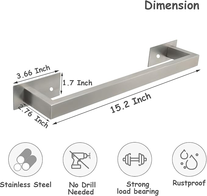 Bathroom Towel Bar Self Adhesive, No Drilling Towel Rack Easy to Install, Hand Towel Holder Made of Premium Stainless Steel Sticky on Hand Towel Hanger for Kitchen, Toilet.(16IN, Brushed)